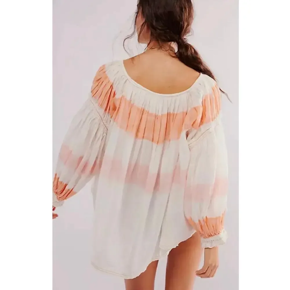 We The Free Sweet Stripe Orange and White Balloon Sleeve Boho Oversized Blouse - Picture 2 of 13